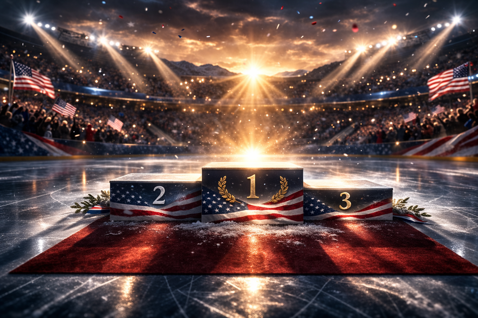 Winter Olympic Games winners podium on an ice arena with American flags and dramatic lighting, symbolizing success, competition, and career achievement