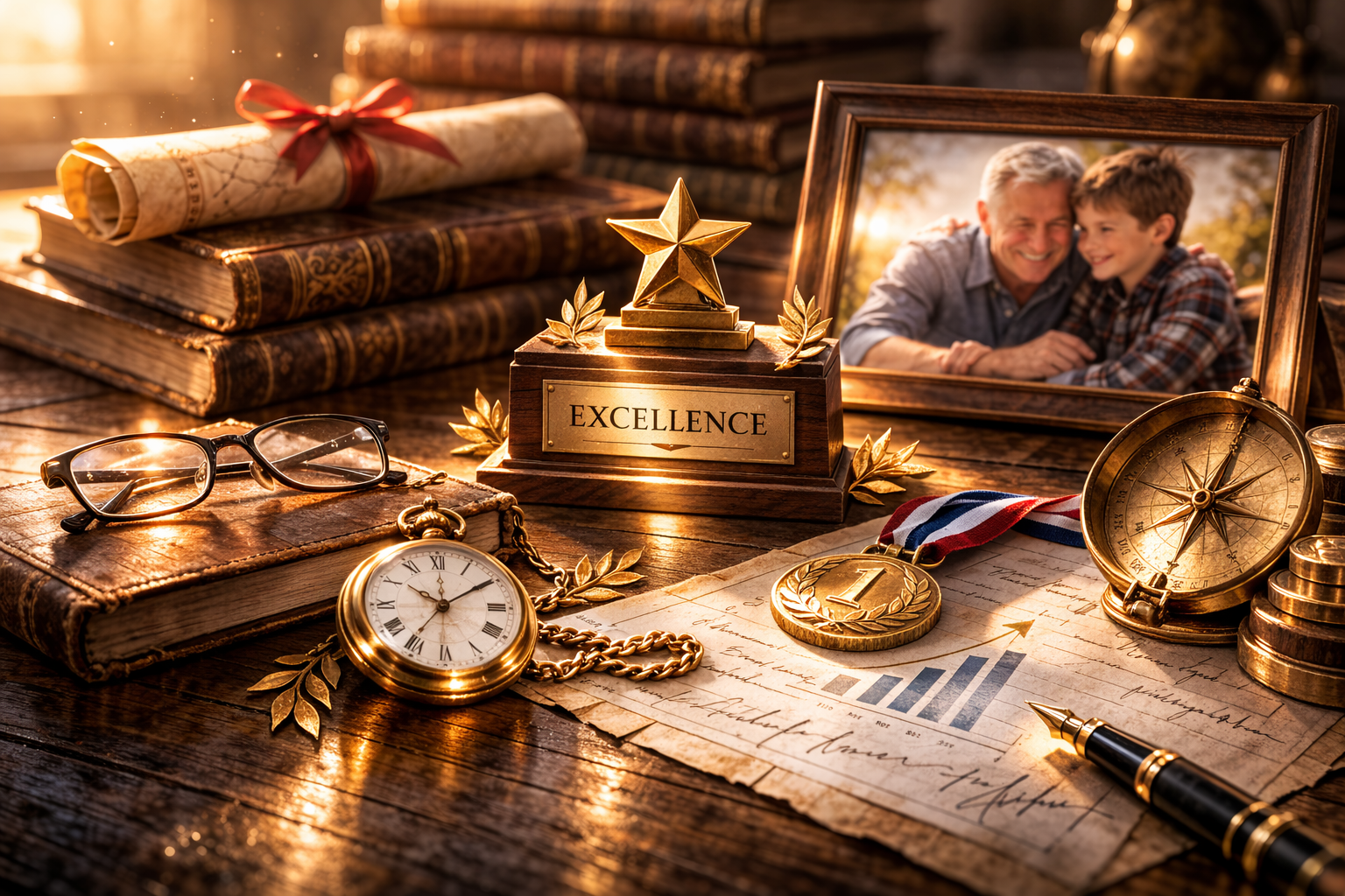 Symbolic desk scene with gold medal, family photograph, and documents representing legacy and professional achievement