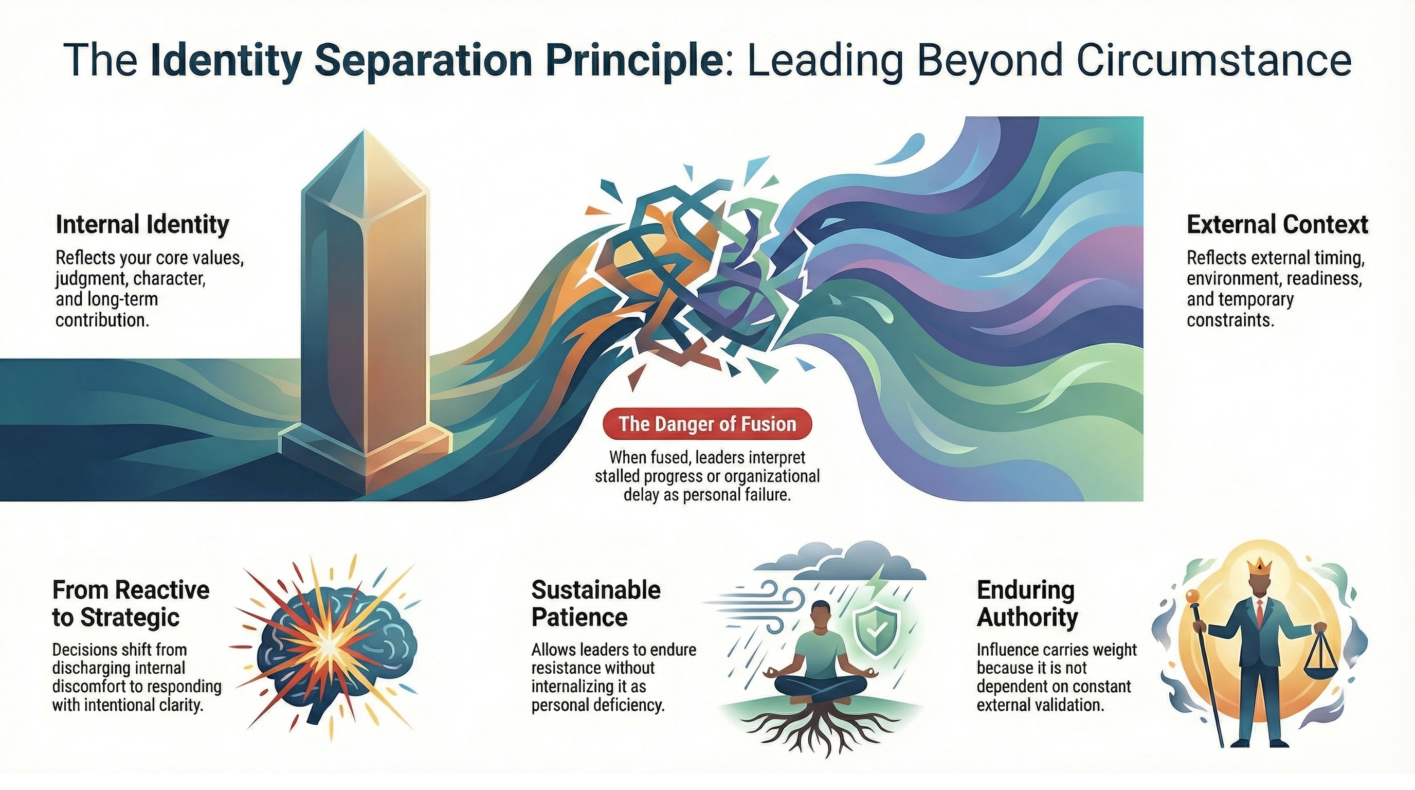 Leadership identity separation illustrated by an executive reflecting on role and circumstance within a larger organizational context
