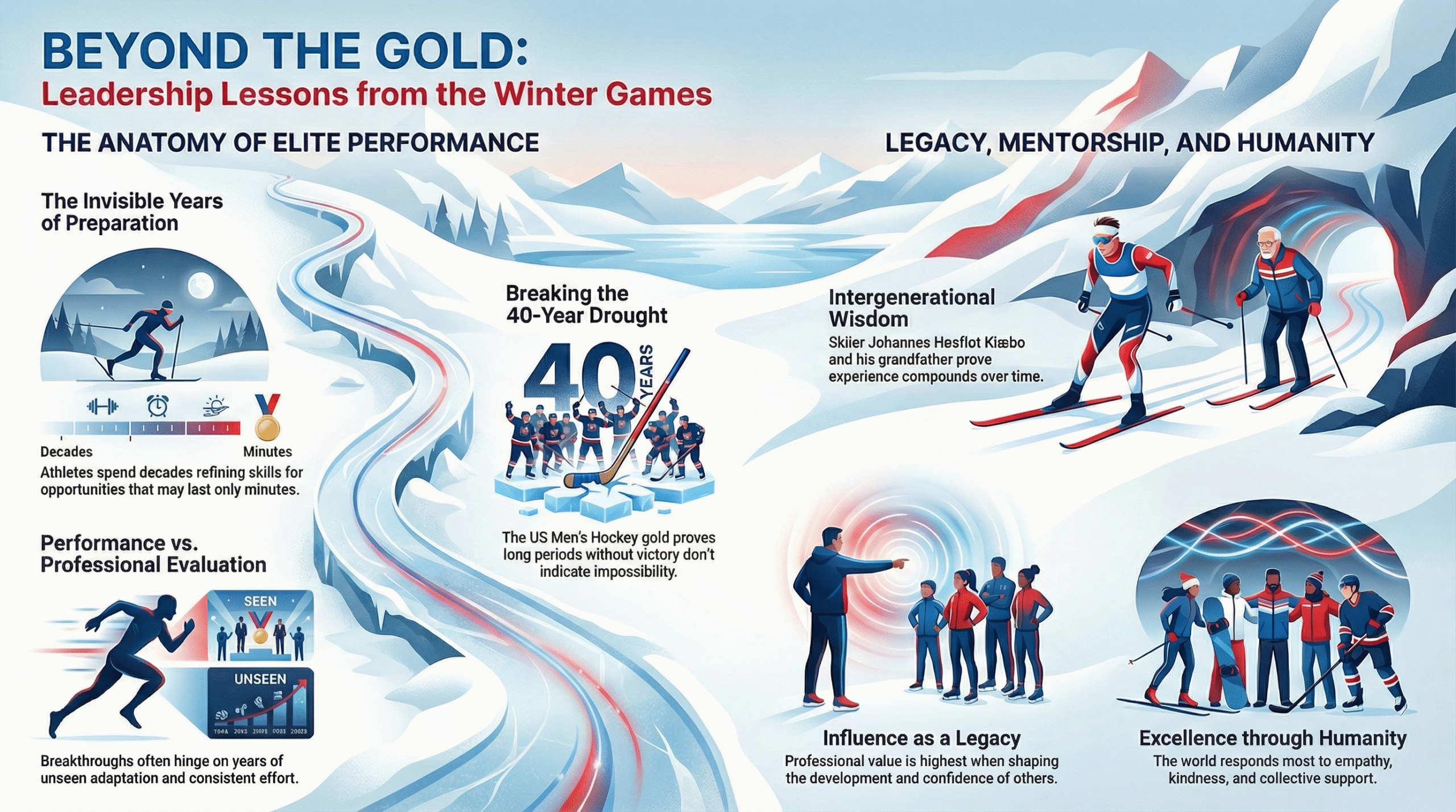 Infographic illustrating Winter Olympic Games lessons about performance, preparation, legacy, and careers