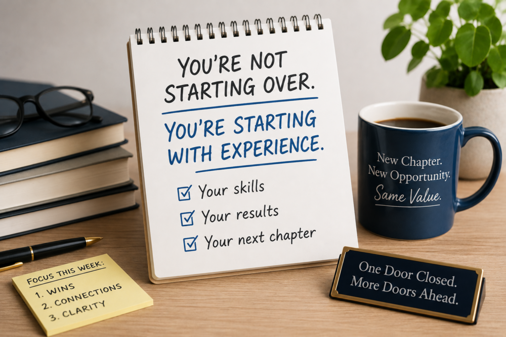 Notepad reading You're not starting over, you're starting with experience, with a checklist of skills, results, and next chapter
