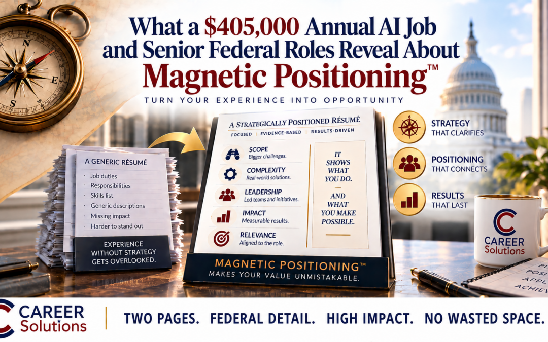 What a $405,000 annual AI job and senior federal roles reveal about Magnetic Positioning: a generic resume versus a strategically positioned resume showing scope, complexity, leadership, impact, and relevance.