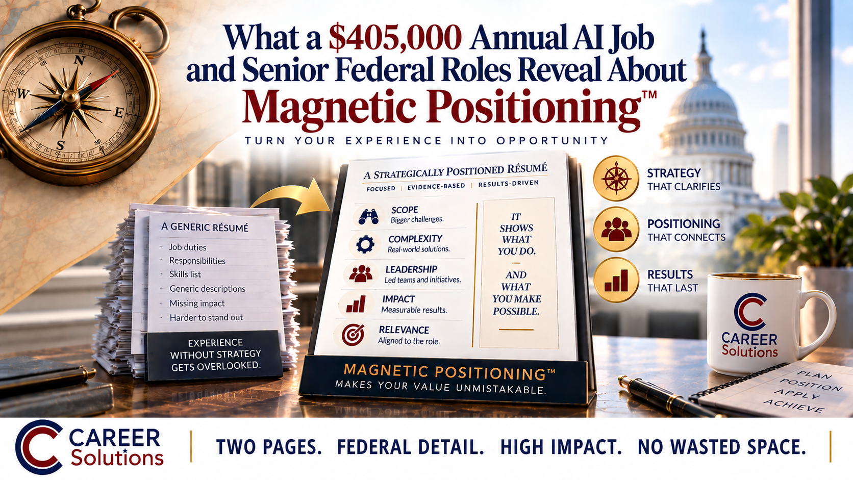 What a $405,000 annual AI job and senior federal roles reveal about Magnetic Positioning: a generic resume versus a strategically positioned resume showing scope, complexity, leadership, impact, and relevance.