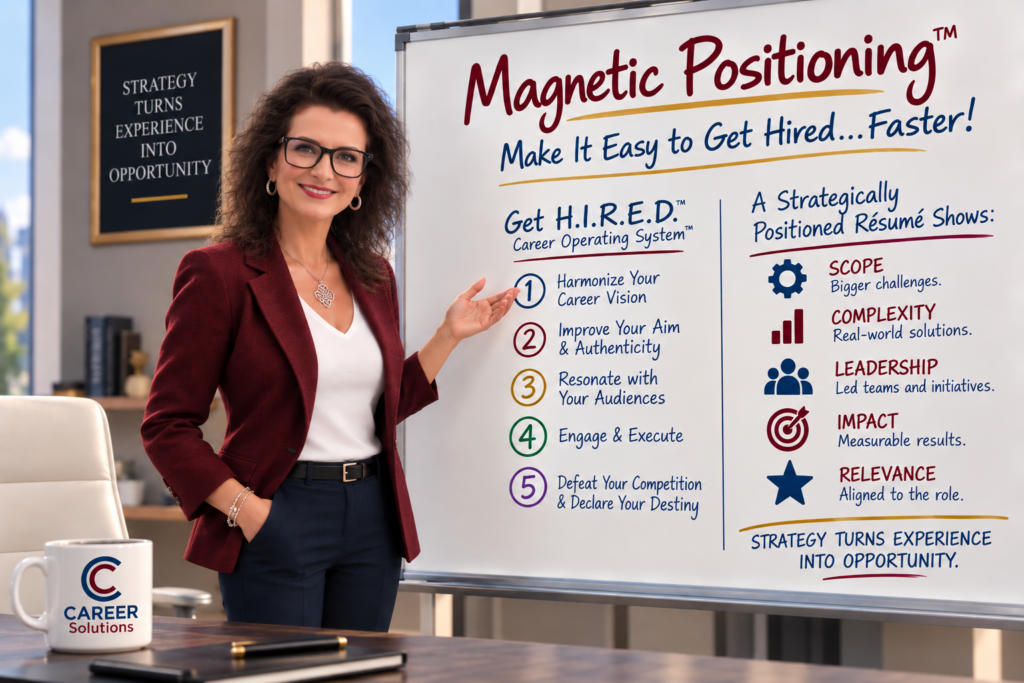 Career coach at a whiteboard showing the H.I.R.E.D. Career Operating System and the five evidence categories of a strategically positioned resume: scope, complexity, leadership, impact, and relevance.