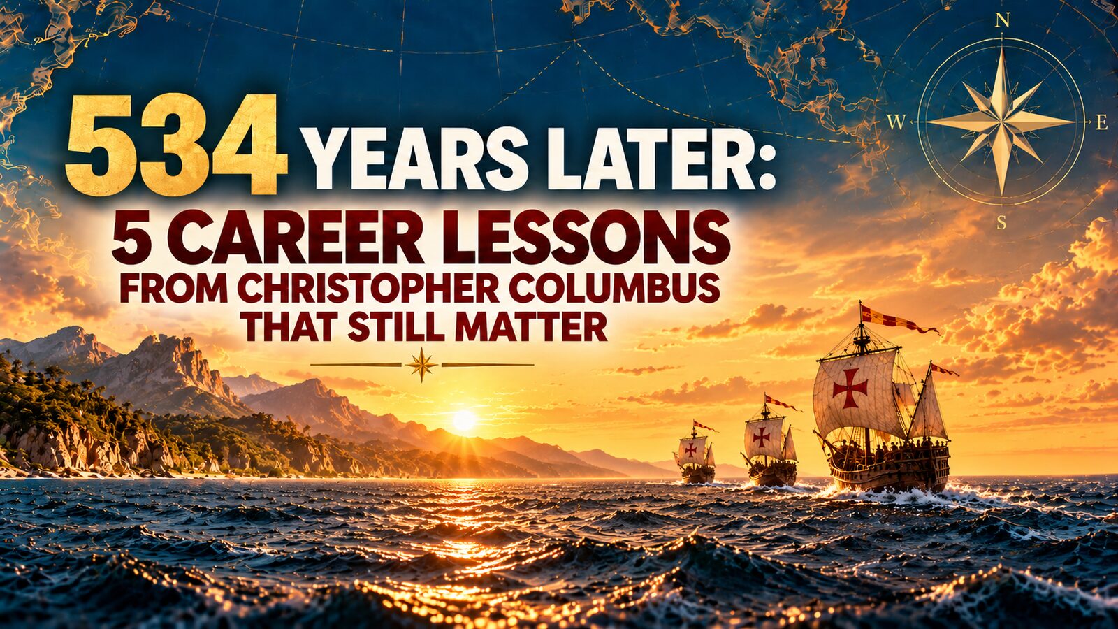 Career lessons from Columbus illustrated by a historic sailing ship navigating toward an ocean horizon