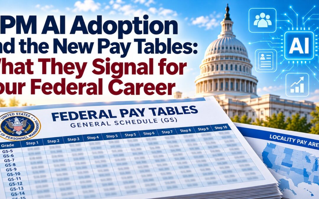 OPM AI adoption and the new federal pay tables, shown with the U.S. Capitol and AI icons