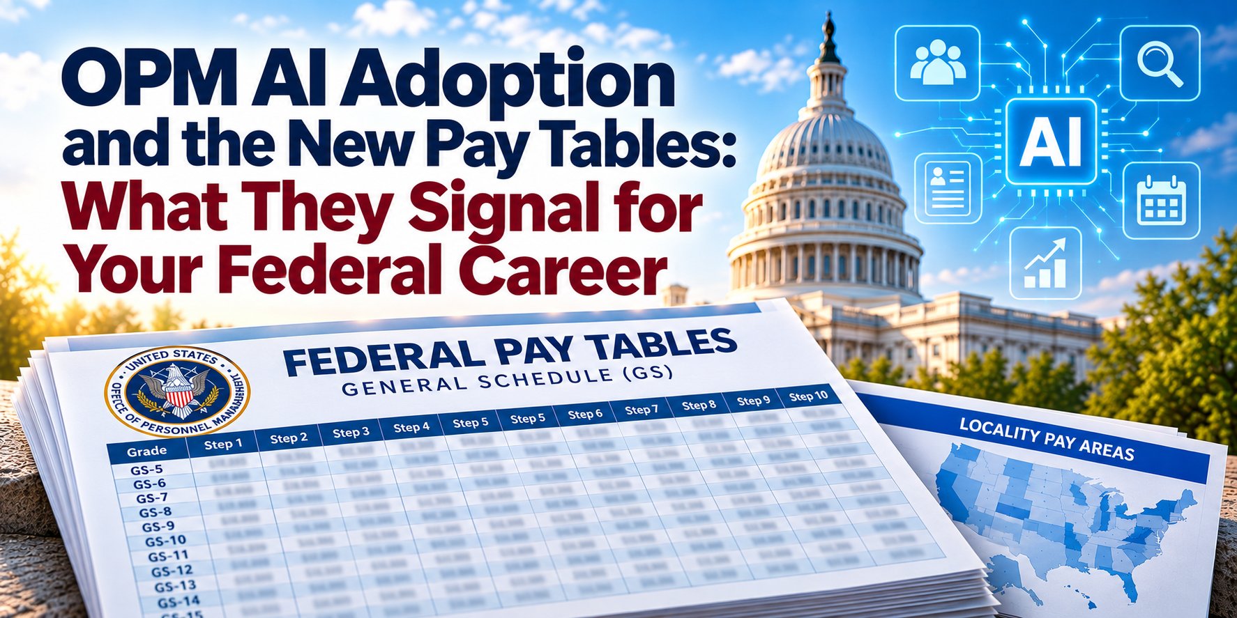 OPM AI adoption and the new federal pay tables, shown with the U.S. Capitol and AI icons
